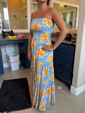 Abel the Label Anthropologie‎ Blue Floral Beachy Strapless Maxi Dress